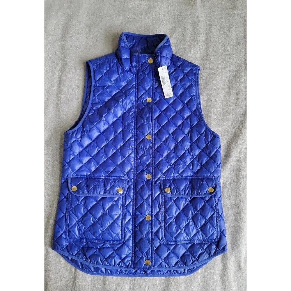 J Crew Womens XS Vest Button Zip Purple Pockets Quilted Down Feather Preppy NEW